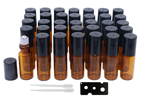 Pinklife 5ml Amber Roller Bottles 35 Pcs Roll on Glass Bottle Roller Balls for Essential Oils Perfume Aromatherapy-Opener and Dropper Included