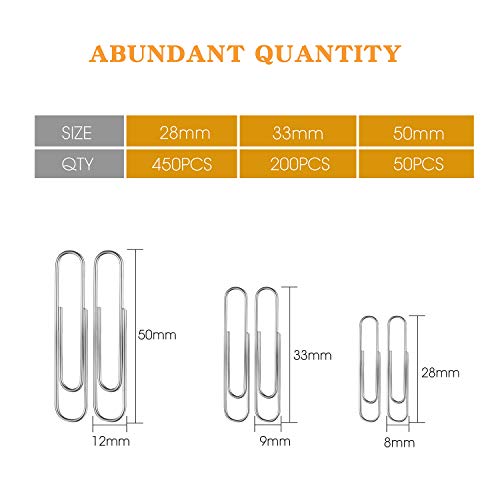 Paper Clips,700 Pcs PaperClips,Small,Medium and Jumbo,Assorted Size Metal Paper Clamps for School Office Clips and Personal Document Organization(28mm,33mm,50mm)ï¼ˆSliverï¼‰