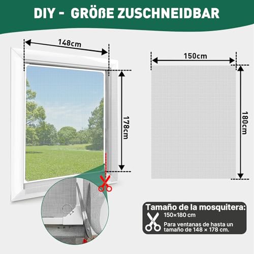 Mosquito Nets for Magnetic Windows 150 × 180cm Fiberglass Mesh, Window Frame with Full Magnetic Band, Cuttable Magnetic Window Mosquito Net