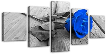 Blue Rose Floral Black White Flower on Grey Wooden Board Canvas Wall Art Pictures Prints 5 Panel Canvas Prints Artwork Modern Paintings Wall Art Home Decoration Stretched and Framed Ready to Hang