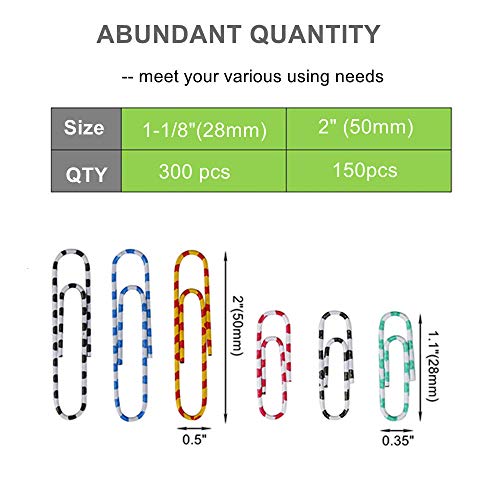 Paper Clips, OUHL 450pcs Colorful Striped Paperclips, Medium 28mm and Jumbo Sizes 50mm,Office Clamps for School Document Organizing (Striped)