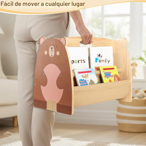 MHJY Children's Wooden Bookcase – Montessori Double-Sided Bookcase with Fabric Pockets, Portable Toy Organizer with Handle, Furniture Storage for Children's Room and Nursery
