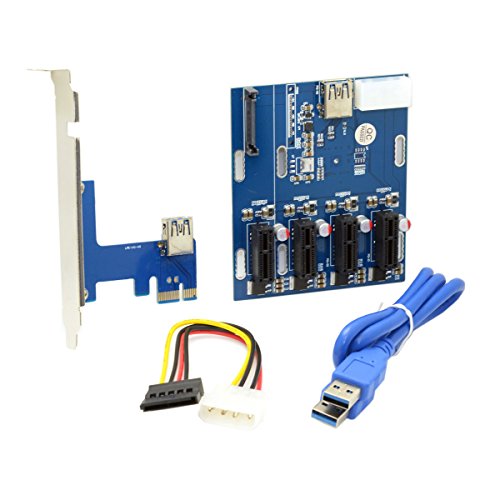 JSER PCI-e Express 1x to 4 Port 1x Switch Multiplier Splitter Hub Riser Card with USB 3.0 Cable
