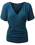 MBJ WT1118 Womens V Neck Short Sleeve Wrap Front Drape Dolman Top XXXL TEAL