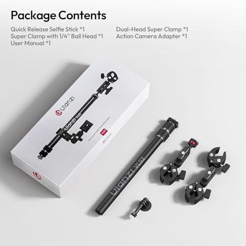 ULANZI Quick-Release Invisible Selfie Stick Motorcycle Bike Mount Kit for Insta360 X5 X4 X3/DJI Osmo 360, VL03 40in Adjustable Extension Pole Clamp Mount for Action Camera