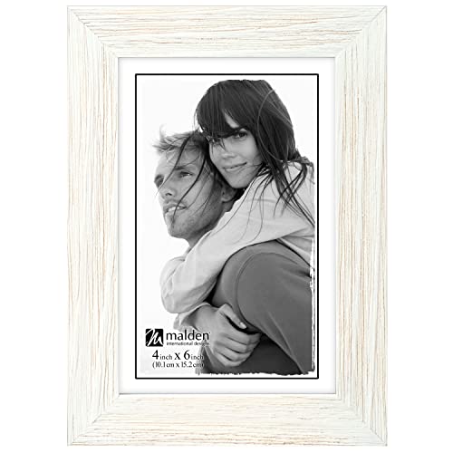 Malden International Designs Linear Rustic Wood Picture Frame, 4x6, Rough White