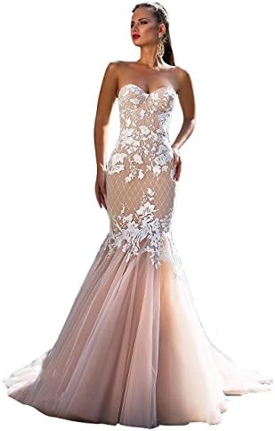 Yahmet Women's 2017 Lace Up Champagne Tulle Mermaid Wedding Dresses Appliques Sweetheart Bridal Gown Champagne US14