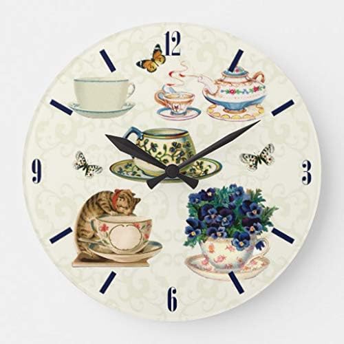 Moonluna Vintage Tea Cups Tea Pot Butterflies Silent Wall Clock for Women Christms Clock Gift Battery Operated for Living Room Kitchen Bedroom 12 inches