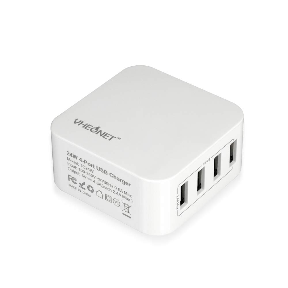 24W 4 Port USB Wall Charger with Foldable Plug for iPhone Xs/XS Max/XR/X/8/7/6/Plus, iPad Pro/Air 2, Galaxy/Note, LG, Nexus