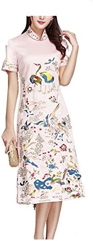 Jereme Womens Luxurious Cheongsam Embroidery Flowers Red-crowned Crane Dress