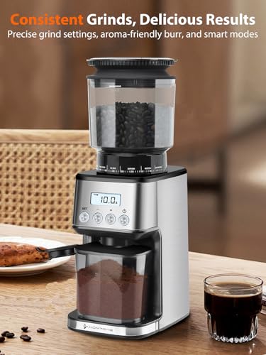 Homtone Electric Coffee Grinder, 51 Adjustable Grinding Levels, Stainless Steel Conical Grinder, Anti-Static Technology, for Espresso, Filter Coffee and French Press, 160W (Silver)