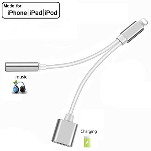 Lighting Splitter Adapter, 2-in-1 Dual Lighting Headphone Audio and Charge Adapter, Compatible Phone 7/8 / X/XS/XR/XS MAX.(Compatible iOS 11, iOS 12 Silver)