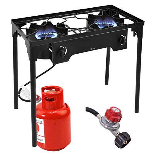 Selva Double Burner Gas Propane Cooker BBQ Grill Picnic Stove Stand |150,000 BTU Power 450 Sq. Cooking Space Portable Easy Storage | for Outdoor Camping Fishing Hunting Tailgate Backyard Garden Party