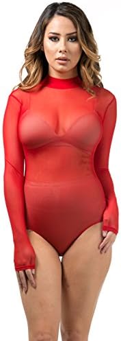 Staand Apparel Karies Women's Sheer Mesh Sexy Mockneck One Piece Long Sleeve Bodysuit