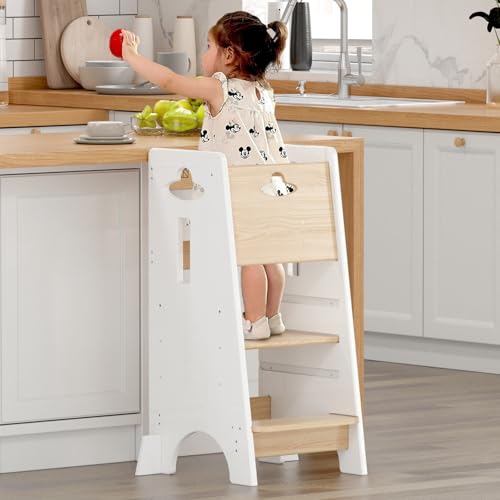 COSYLAND Toddler Standing Tower Adjustable Height - Super Stable Toddler Kitchen Stool Helper - 3 Levels Adjustable Wooden Kids Kitchen Stool (Natural & White)