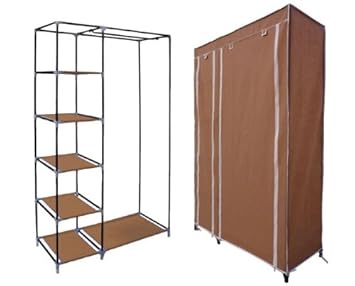 New Double Canvas Wardrobe Clothes Rail Storage Brown Amazon Co
