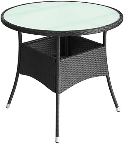 Outdoor Round Coffee Table Rattan, Side Table, Conversation Table Black with Frosted Glass Tabletop for Patio, Garden, Poolside, 31.5"x29"