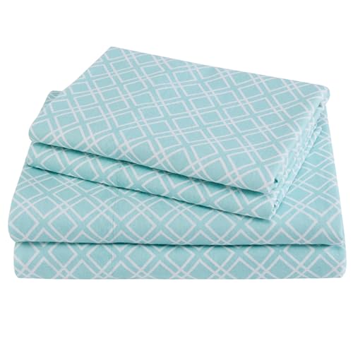 Comfort Spaces Cotton Flannel Breathable Warm Deep Pocket Sheets with Pillow Case Bedding, Queen, Aqua Geo 4 Piece