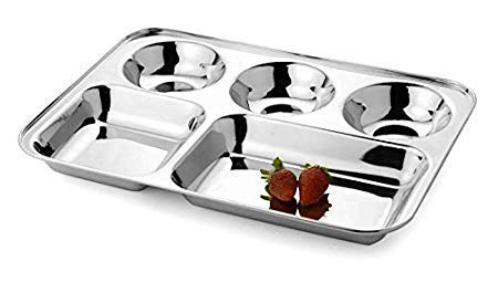 Target Store Stainless Steel Five Compartment Rectangular Plates, Thali, Mess Tray, Dinner Plate Set of 6 pcs (6)