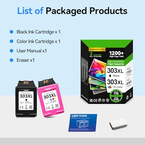 Sunnieink Ink 303XL BK/CMY - 750/450+ Pages, Replacement for HP 303 Original Cartridge Black & Colour, for HP Envy Inspire 7220e 7920e 7924e Envy Photo 6220 6230 6232 7120 7830 7930 Tango X