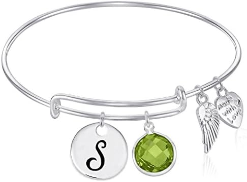 Initial Expandable Wire Bangle Bracelet with August Charm GIFT BOXED (S)
