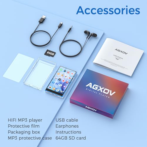 AGXOV Lettore MP3 con Wi-Fi & Bluetooth, 5 Pollici Touchscreen MP4 Player, 96GB Lettore Musicale Android con Spotify, Amazon Music, Deezer, Radio FM, Registratore Vocale, E-book Reader, Blu & Bianco