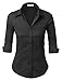 LE3NO Womens Roll Up 3/4 Sleeve Button Down Shirt with Stretch, L3NWT574_BLACK, X-Small
