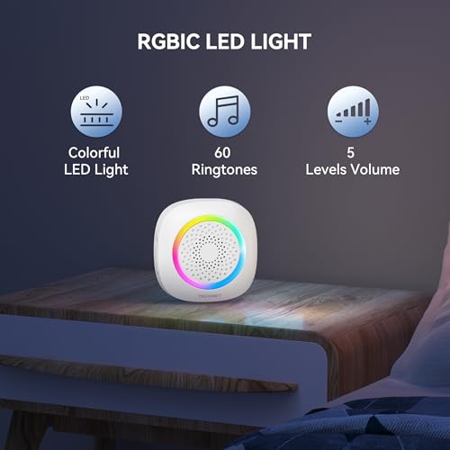 TECKNET Longest 1300 Feet Wireless Doorbell with RGB Alarm Lighting,Battery-Powered IP66 Waterproof Design,60+Chimes & 5-Level Volume for Home/Apartment/Classroom/Business,4.5-Year Battery Life,White