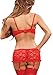COSWE Women's Lace Open Cup Bra and Garter Skirt Set (L, Red)