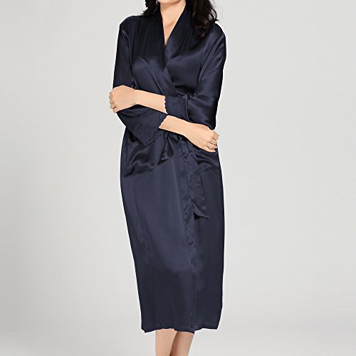 【お年玉セール特価】シルク ローブ レディース ネイビーブルー XL 2点セット /22匁 高級シルク100% / ギフトにも最適 / LilySilk (リリーシルク)