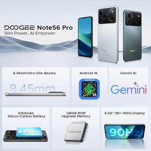 Luzglo NOTE 56 PRO Mobile Phones, Android 16 With Gemimi AI, 32GB+128GB/2TB, 6150mAh& 6.56" HD+90Hz Display, 4G Dual SIM Unlocked Mobile Phone, 8.45mm Ultra-Slim, Face ID, 5G WiFi, GPS,NFC