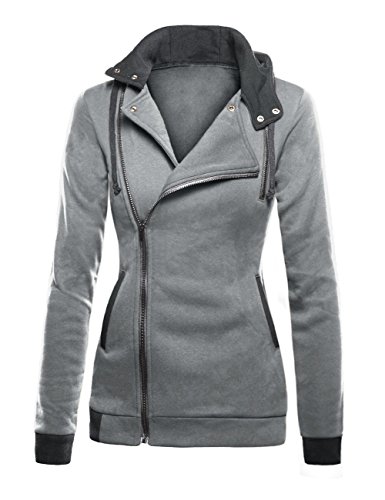 Leadingstar Women's Long Sleeve Hooded Inclined Zipper Snap Button Slim Coat Light Gray XL Leadingstar Women's Long Sleeve Hooded Inclined Zipper Snap Button Slim Coat Light Gray XL