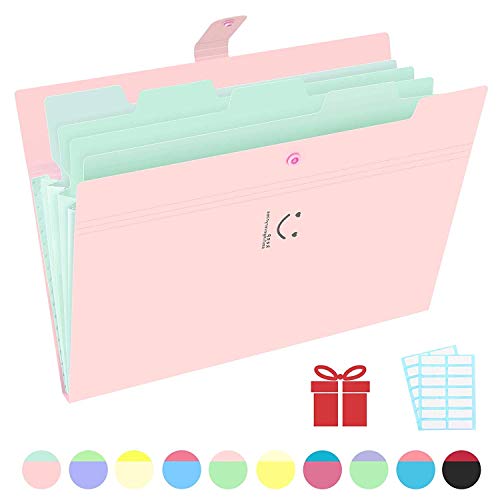 Phyxin Expanding File Folders 5 Pockets Document Organizer A4 Letter Size Plastic File Folder with Lables Document Holder for Business School Supplies Pink