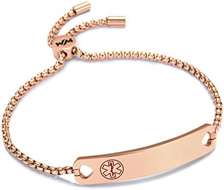 WelMag Women's Charm Adjustable Medical Alert ID Bracelets with Free Engraving(RoseGolden-1)