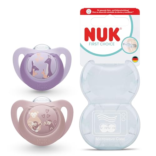 NUK First Choice Baby Dummies | 6-18 Months | Orthodontic Soothers | Soothes 99% of Babies** | Monkey & Kangaroo | 2 Count