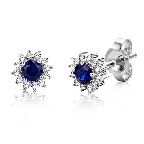 Miore Sapphire and Diamond Earrings for women in White gold 9 karat (375) Studs with Brilliant cut diamonds 0.10 carat - size 6 mm