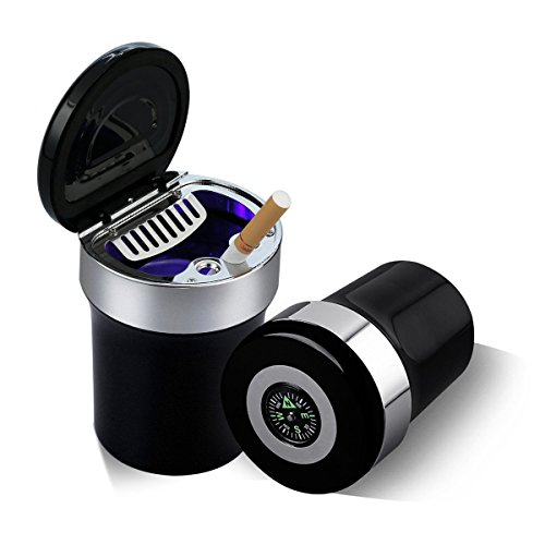 Follicomfy Smokeless Car Ashtray Cup Holder with Compass and LED Light,Black & Silver