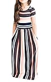 Syktkmx Girls Short Sleeve Long Prom Summer Beach Maxi Dress with Pockets
