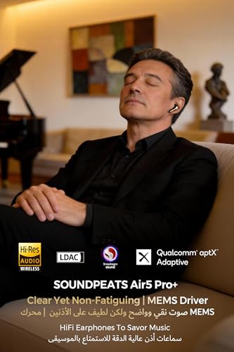 SoundPEATS Air5 Pro+ Hifi Wireless Earbuds with 55dB Adaptive Hybrid ANC, xMEMS & Aptos Class-H Amplifier, LDAC & aptX Lossless Bluetooth Earphones, Hi-Res Audio, Qualcomm Snapdragon Sound, APP