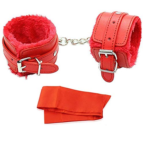 Soft Fur Leather Handcuffs Adjustable and Sleeping Eye Mask Satin Blindfold Costume Accessoire (Red)