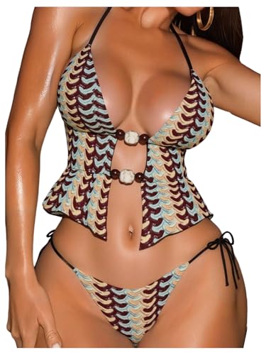 SOLY HUX Women's Halter Cheeky String Thong Two Piece Bikini Set Multicolor at Amazon