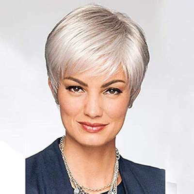 Short Straight Wigs With Bangs Silver Grey Synthetic Hair Wigs For
