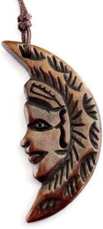 OVALBUY Ox Bone Carved Moon Face Pendant Necklace