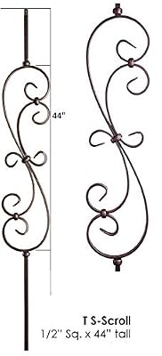 5 Pcs. 44" x 1/2" Skinny S-Scroll Iron Balusters Iron Spindles Metal Stair Parts Hollow.(Satin Black)