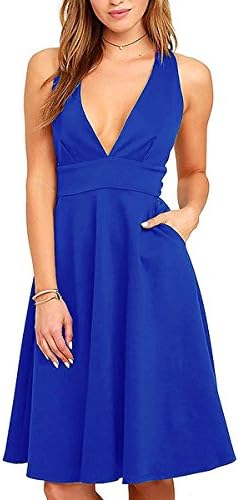 Fover Women's Deep V Neck Sleeveless Knee Length Party A-line Dress with Pockets, Blue, Small