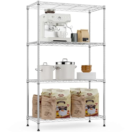MZG 454kg Capacity Heavy Duty 4-Tier Metal Storage Shelving Unit with Wheels, Adjustable Wire Rack Organizer for Garage, Kitchen, Bathroom, or Laundry (Chrome, 35L x 75W x 120H cm)