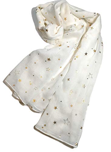 Shanlin Cotton-Linen Fashion Scarves for Women (White-Golden Stars)