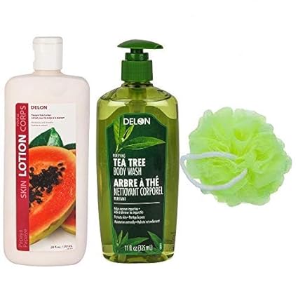 Delon- Made In Canada Combo Pack of Papaya Skin Lotion (591 ML) & Tea Tree Body Wash (325 ML) with FREE 1 Loofah