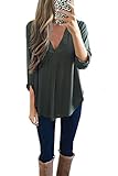Women's Summer Solid Casual Loose V-Neck Pocket Cuffed Sleeve Long Chiffon Tops T-Shirt Blouse