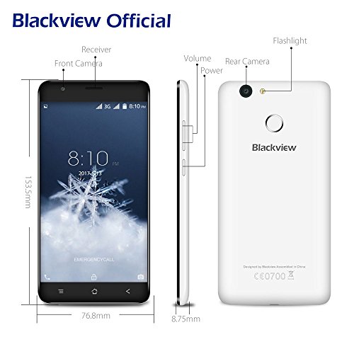 Blackview E7S - Móviles Libres Baratos Dual SIM Android 6.0 5.5 pulgadas (3G Smartphone, Quad-core, 2GB RAM, 16GB ROM, 8MP Cámara, Huellas Dactilares, 2700mAh, Bluetooth 4.1, GPS) - Blanco
